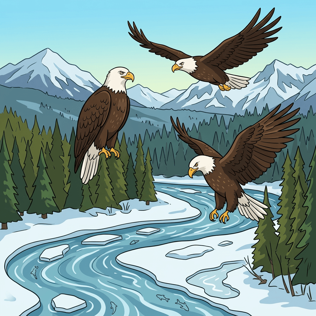 Two bald eagles perched on snow-covered branches in a mountain landscape
